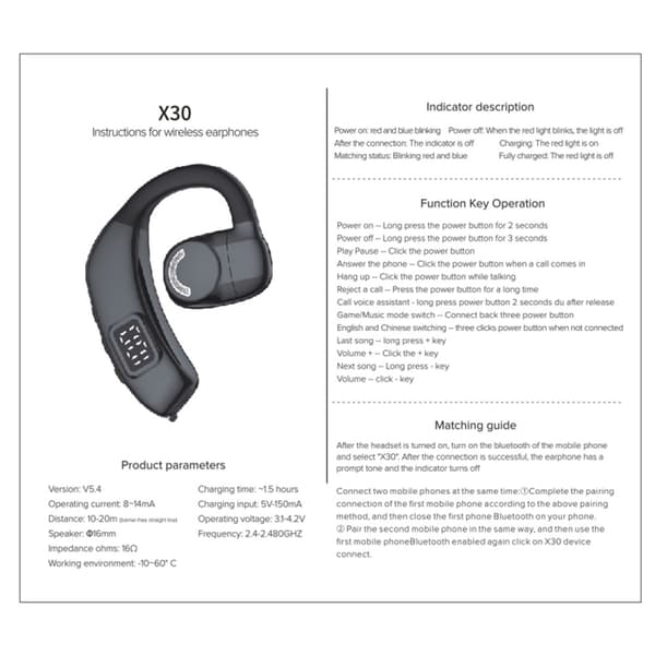 Bluetooth 5.4 yhden korvan kuulokkeet langattomat koukku - musta Black