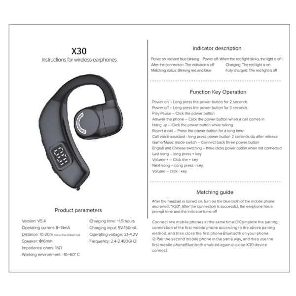 X30 Bluetooth 5.4 Single in-Ear hörlurar Trådlös Hook - Svart Svart