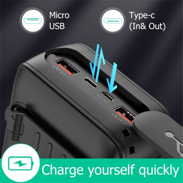 Håndsving 30000mAh Sol PowerBank Lightning/USB-C/Mikrokabel Orange