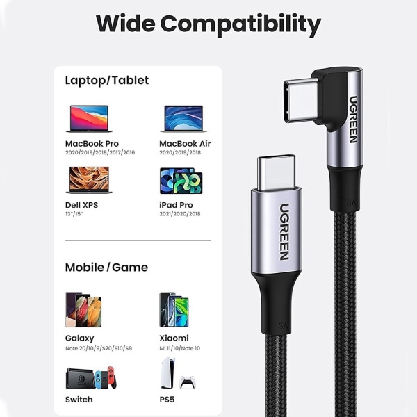 UGREEN 1m 100W snabbladdning sladd kabel USB-C datakabel böjd Svart