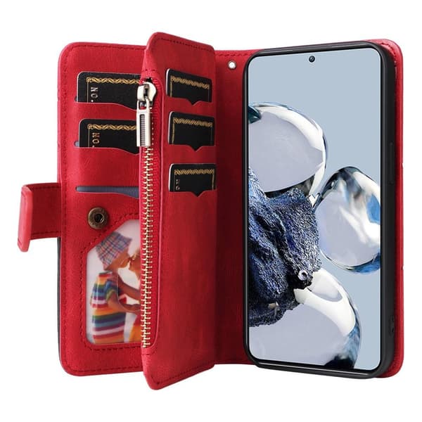KT Multifunksjons Serie-5 For Xiaomi 12T / 12T Pro Telefonveske - Rød Red