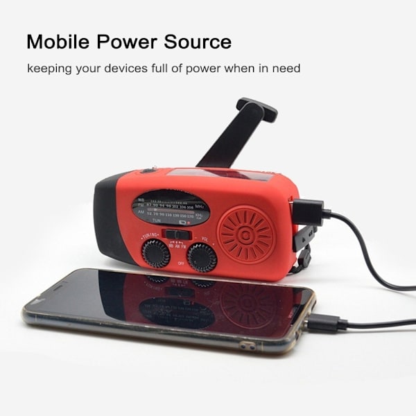 Håndsving Solar FM / AM Radio Lommelygte NOAA Power Bank Red