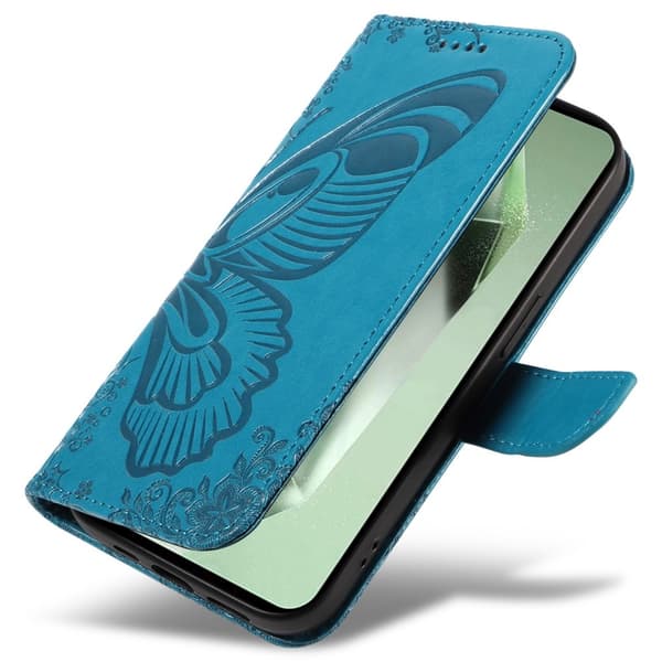 Etui med stativ, lommebok og sommerfuglmønster til Samsung Galaxy S24 FE Blue