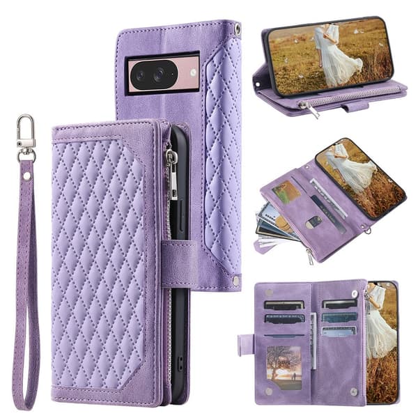Til Google Pixel 10 Pro / 10 / 9 Pro / 9 Zipper Wallet Case Rhombus Telefoncover Purple