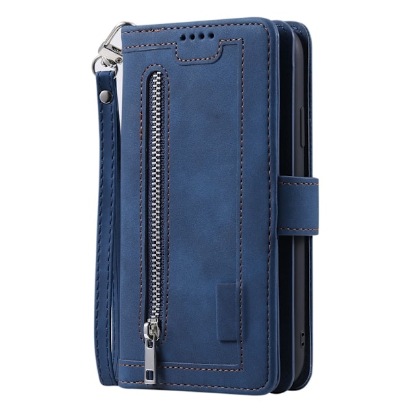 Til Samsung Galaxy S25 5G Etui med Lynlåslomme og 9 Kortlommer Blue