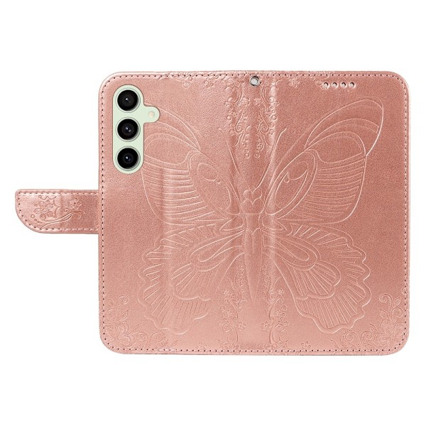 Etui med stativ, lommebok og sommerfuglmønster til Samsung Galaxy S24 FE Pink gold