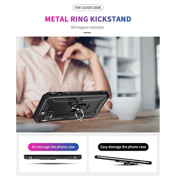 iPhone 14 Iskunkestävä TPU+PC Kickstand Puhelinkotelo Autoon kiinnitettävä metallilevy - musta Black