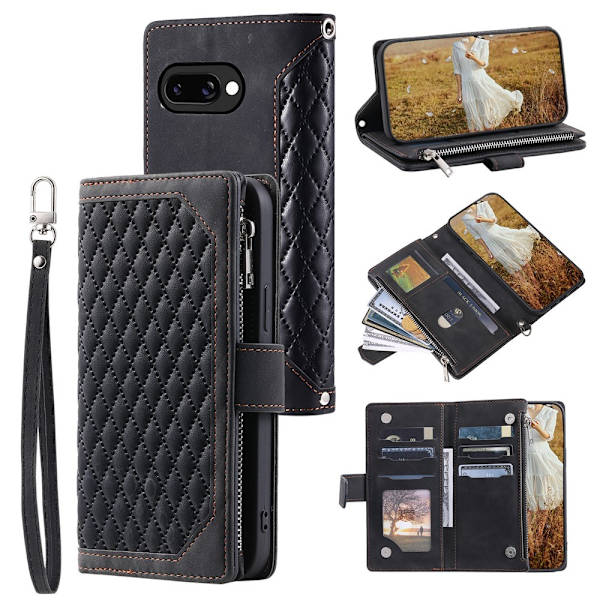 For Google Pixel 10a Wallet Case PU Leather Rhombus Pattern with Wrist Strap- Black Black