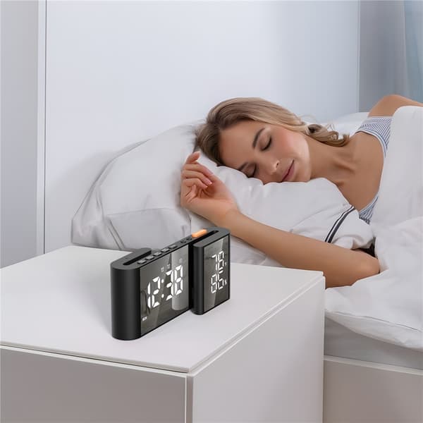 S-formad Väckarklocka FM-radio Dimmer Dubbla Larm Digital Klocka Termohygrometer Svart