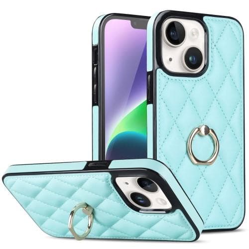 iPhone 14 Rhombus Grid Mönster Skal FingerRing - Sky Blue Ljusblå