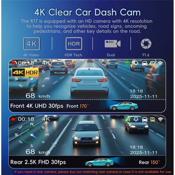 Dobbelt 4K Dash Cam-kamera HDR Nattsyn ADAS GPS Parkeringsovervåking DVR Black