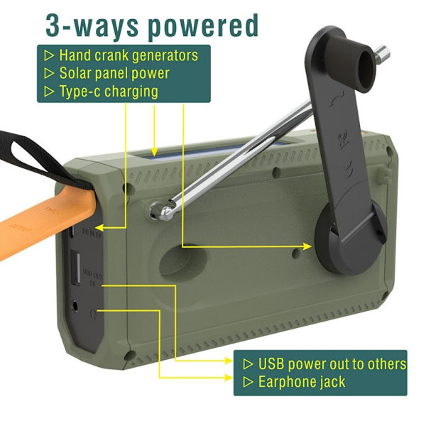 Solar Power Handvev DAB FM Radio Ficklampa 4500mAh Power Bank Grön