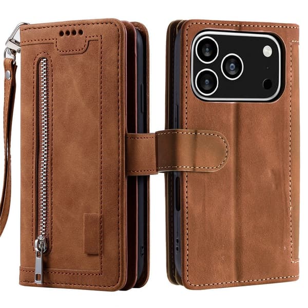 iPhone 17 Pro Kuori Vetoketjutaskulla ja 9 Korttipaikalla Brown