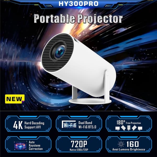 Pro Projektori: WiFi 6, Bluetooth, Android 11.0, 720p, kotiteatteri, 180 asteen kääntö White