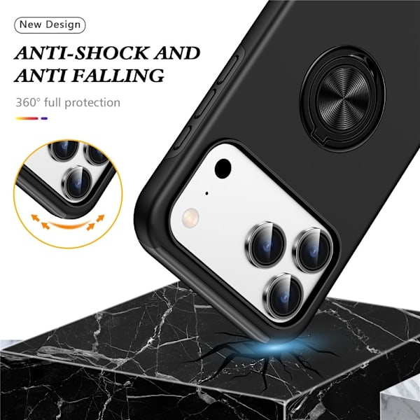 Til iPhone 17 Pro Finger Ring Kickstand Hybrid Taske Black
