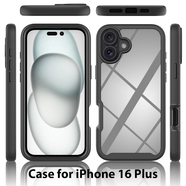 Suojakuori iPhone 16 Plus PC+TPU:lle Kirkas puhelimen kansi PET-näyttökalvolla Black