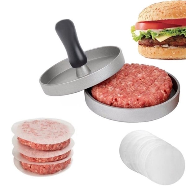 Hamburgare Press + 100st Patty Papers Kött Beef Burger Maker Silver