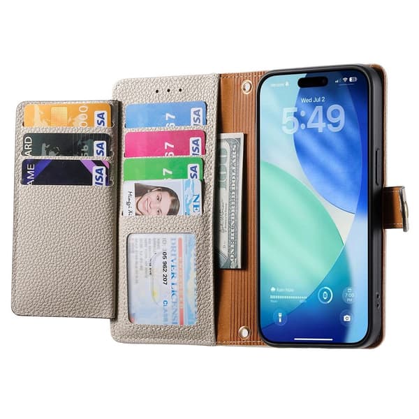 For iPhone 17 Pro Max Cover RFID-blokering Lynlåslomme Tegnebogsetui med Rem Beige