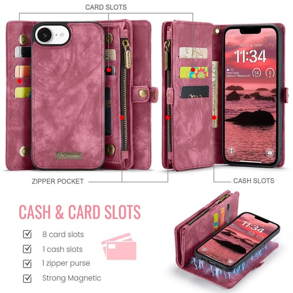 iPhone 17e ja iPhone 16e CASEME 008 Irrotettava Lompakkokotelo Hihnalla Red