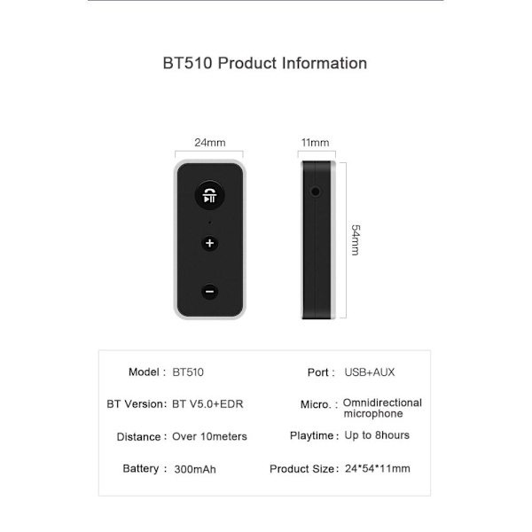 Trådløs Bluetooth 5.0 Stereo Audio Musikkmottaker Black