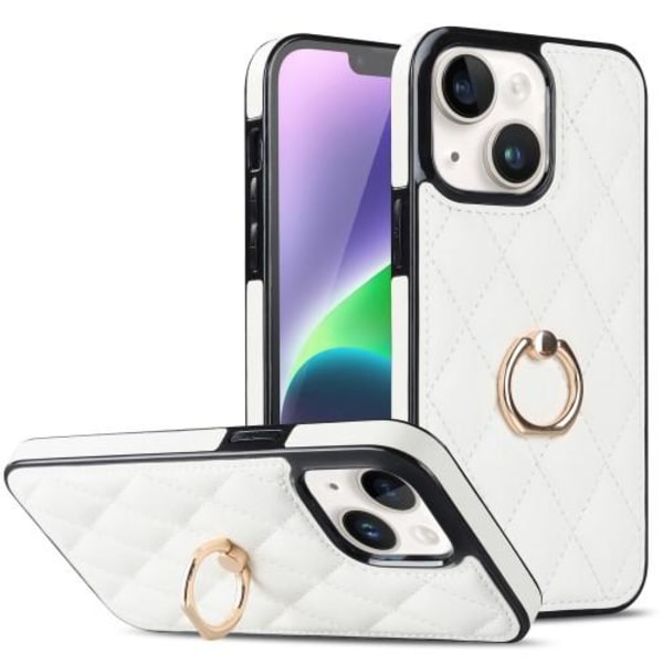 iPhone 14 Rhombus Grid Mönster Skal FingerRing - Vit Vit