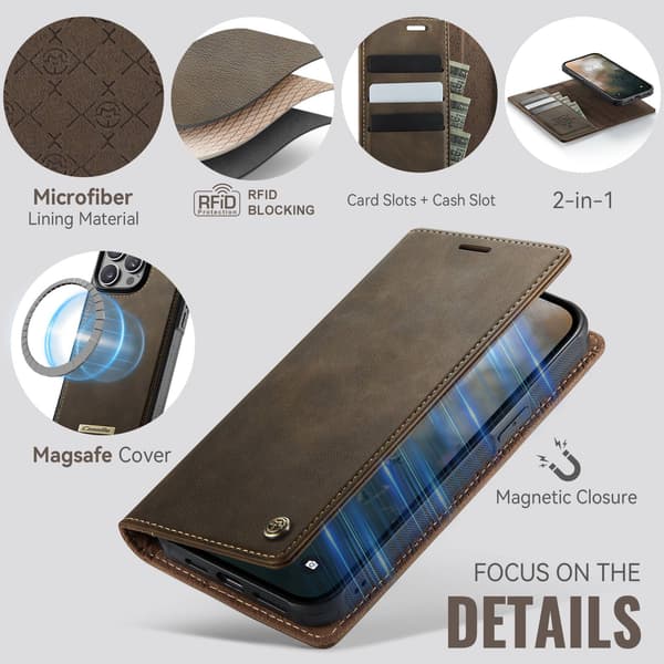 CASEME Til iPhone 15 Pro Max Pungcover Magnetisk Aftagelig RFID Beskyttelse - Coffee Brown