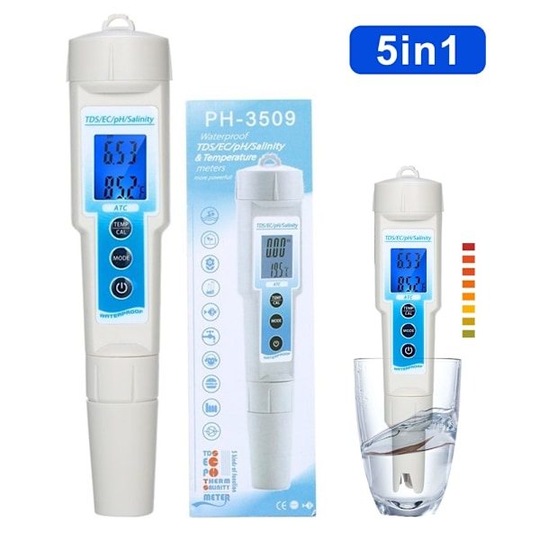 Måler 5-i-1 Vannkvalitet / TDS / EC / pH / Salinitet / Temperatur White