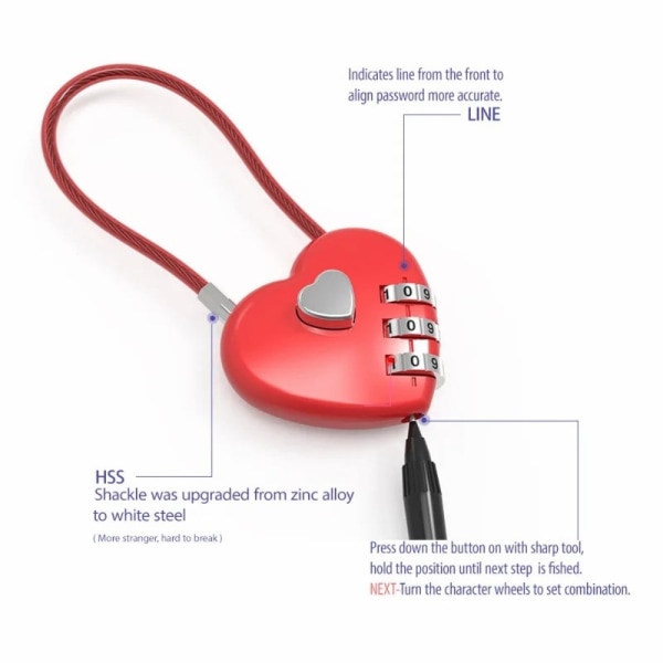 Sydän 30 cm yhdistelmälukko Riippulukko Säilytyskaappi koodilukk Red