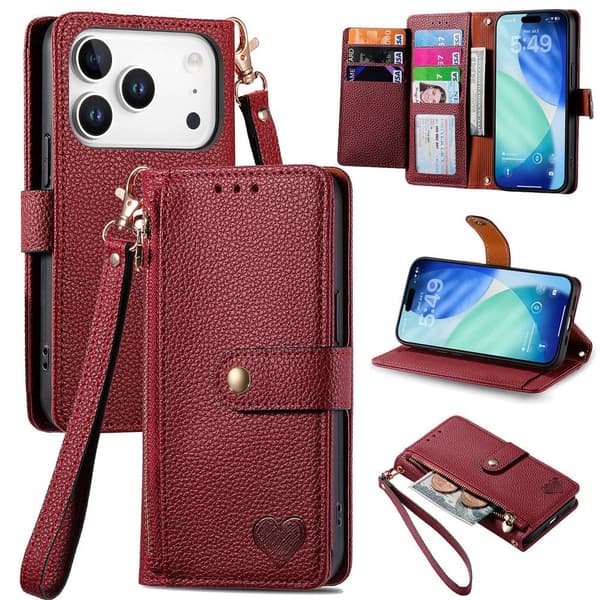 For iPhone 17 Pro Max Deksel RFID-blokkering Glidelåslomme Lommebokdeksel med Stropp Red