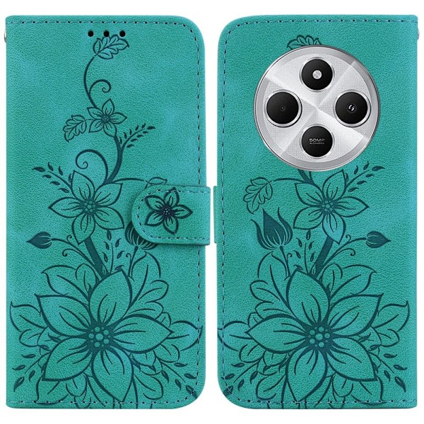 För Xiaomi Redmi 14C Fodral Ställ Plånboksfodral Blommönster - Grön Grön