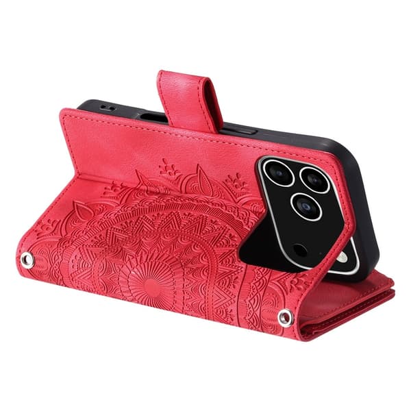 Lommeboketui kompatibelt med iPhone 17 Pro deksel etui mandala blomstermønster Red