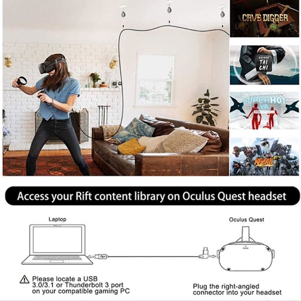 8 M VR Oculus Quest USB 3.0 Kabel USB C to A High-Speed Data Transfer Svart