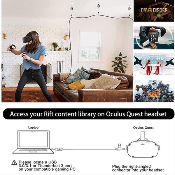 VR Oculus Quest 8m USB 3.0 - kaapeli USB C - nopea tiedonsiirto Black