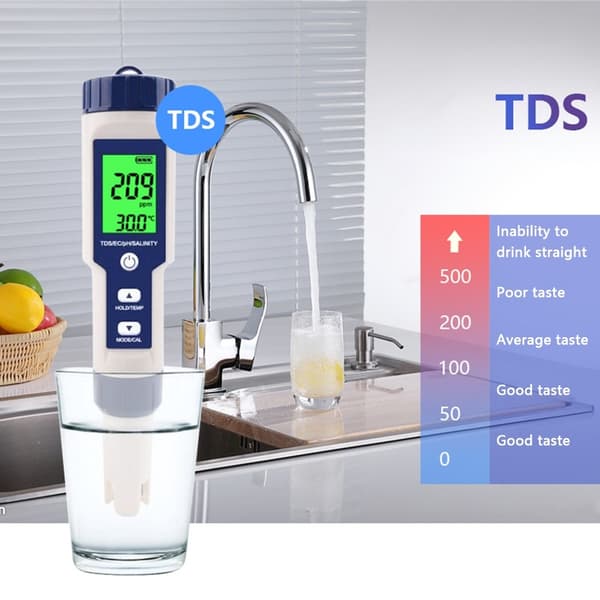 5-i-1 test for vann kvalitet EC pH TDS Temperatur Saltholdighet Grey