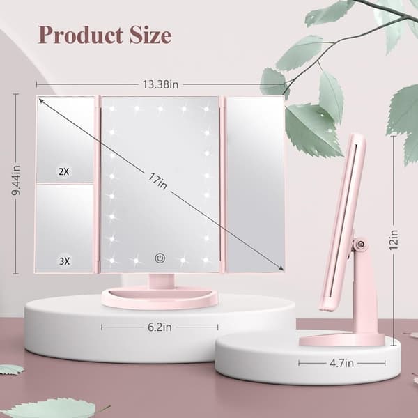 3 - sidet sammenfoldelig makeup spejl, der kan dæmpes lys 22LED bordspejl - Lyserød Pink