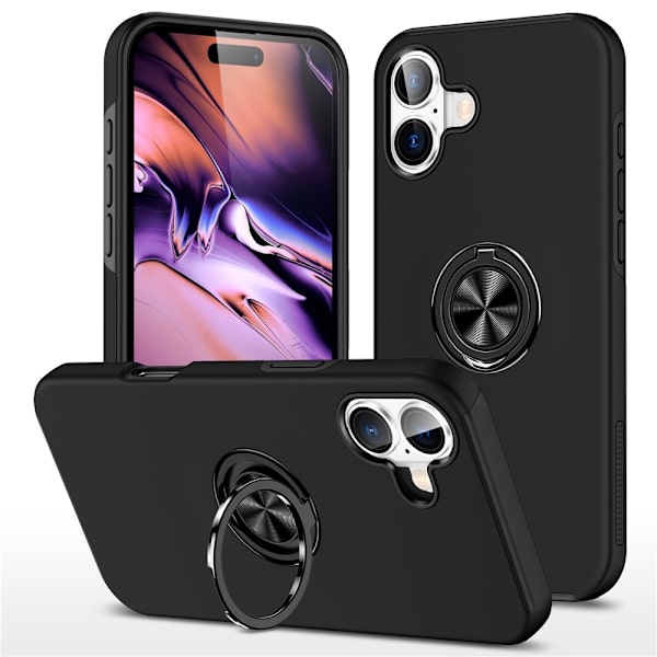 Til iPhone 17 Finger Ring Kickstand Hybrid Taske Black