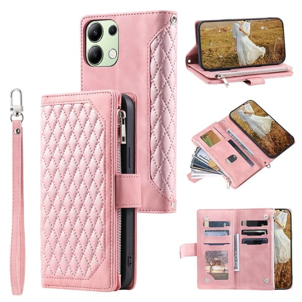 För Xiaomi Redmi 15C Zipper Wallet Case Rhombus Stitching Line Telefonfodral Rosa