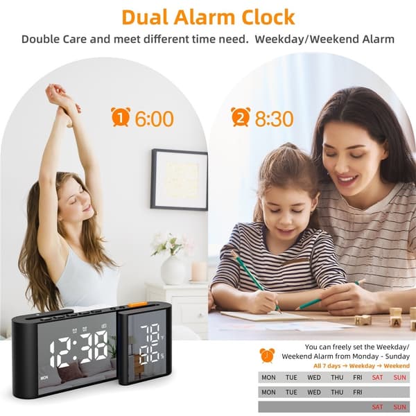 S-formad Väckarklocka FM-radio Dimmer Dubbla Larm Digital Klocka Termohygrometer Svart