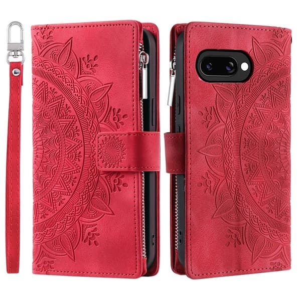 Til Google Pixel 10a Lommebokdeksel PU lær Mandala Blomstermønster- Rød Red
