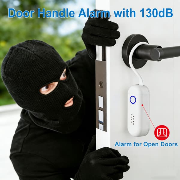 Door and Window Alarm 130 dB – Sound and Flashing Light – Door Handle Alarm White