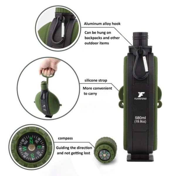 580 ml collapsible silicone water bottle with compass Green