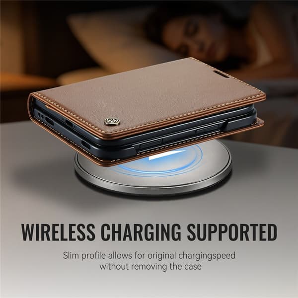 CASEME Glanset telefonlommebokdeksel med litchi tekstur til iPhone Duo Brown