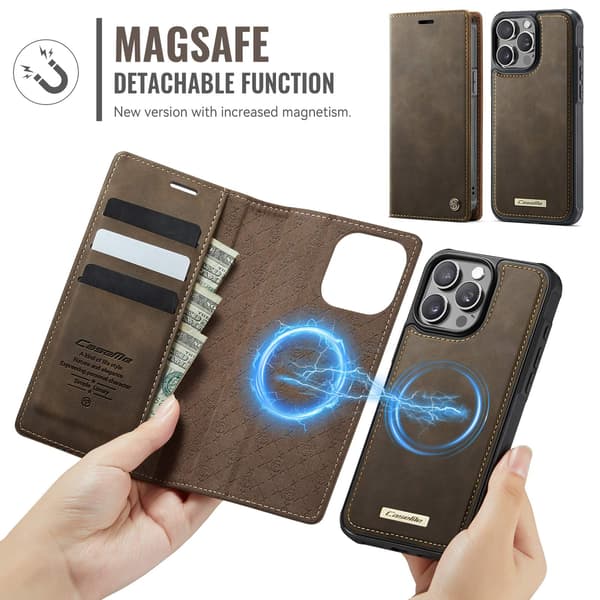 CASEME Til iPhone 15 Pro Lommebokdeksel Magnetisk Avtakbar RFID Beskyttelse - Coffee Brown