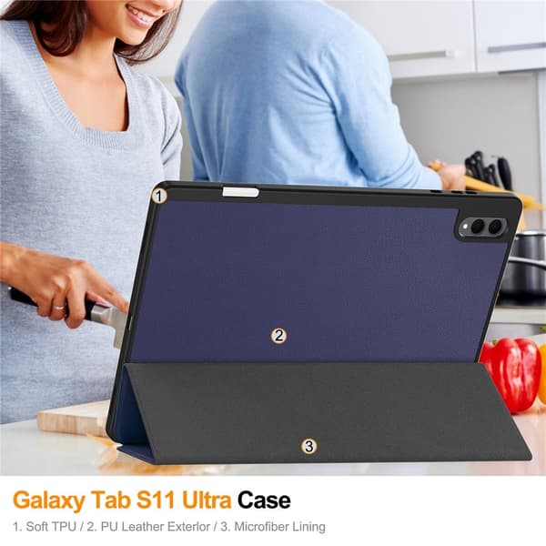 Till Samsung Galaxy Tab S12 Ultra Tri-Fold stativfodral med pennhållare Blå