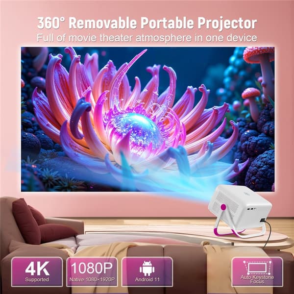 Projektor Hemmabio Videoprojektor 1080P Android 11 autofokus Wi-Fi 6 BT 5.2 Rosa