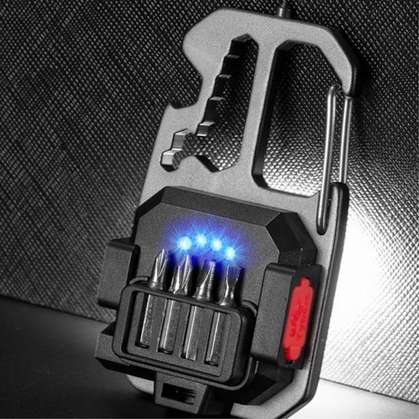 Nyckelring Ficklampa COB Light Flasköppnare Skruvmejsel Multi Svart