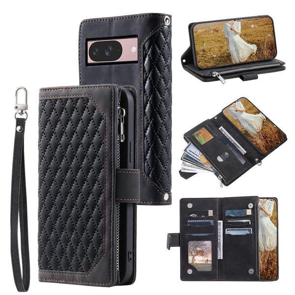 For Google Pixel 10 Pro / 10 / 9 Pro / 9 Zipper Wallet Case Rhombus Phone Cover Black