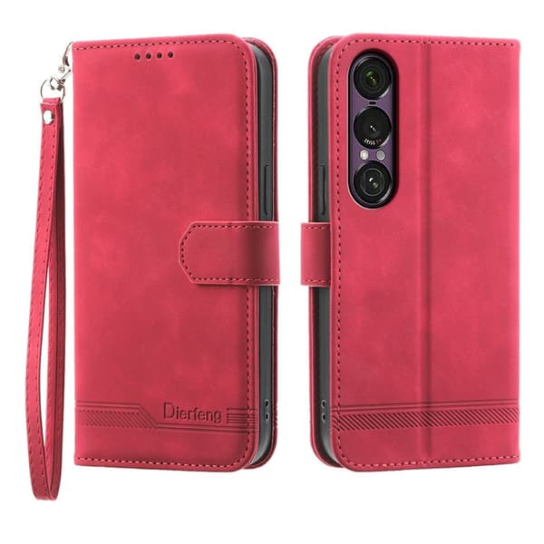 DIERFENG Til Sony Xperia 1 VII Pungcover med Stander og Håndledsrem Red