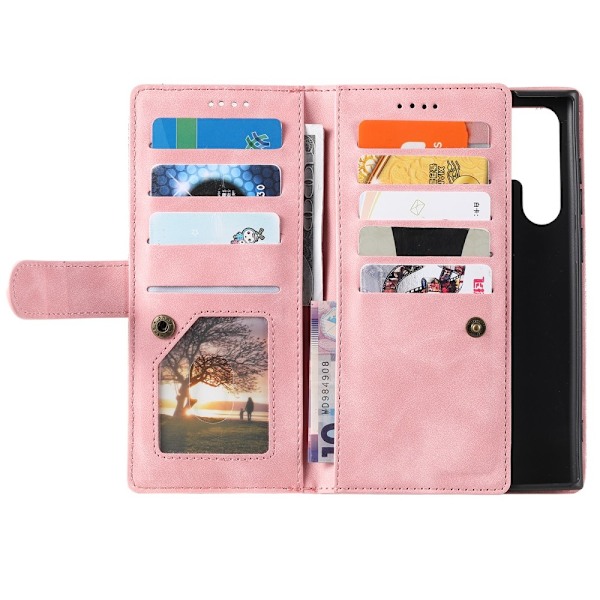 Til Samsung Galaxy S25 Ultra 5G Etui med Lynlåslomme og 9 Kortlommer Pink
