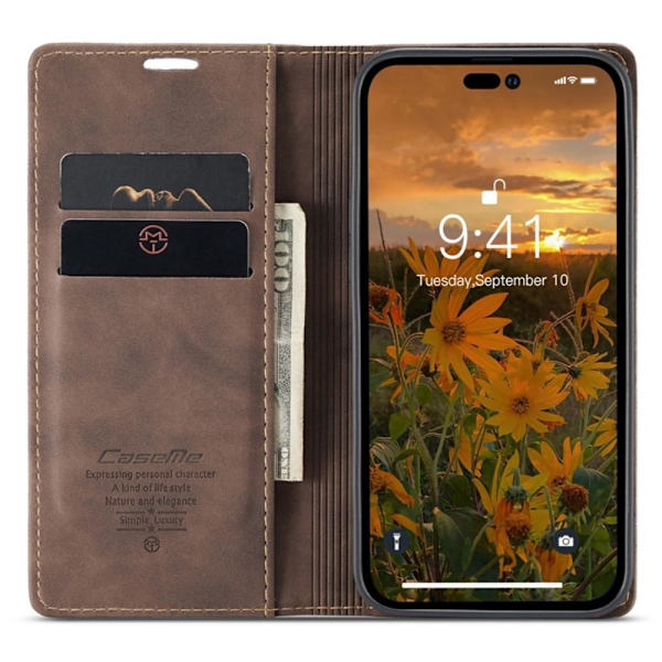 CASEME Retro Lompakkokotelo iPhone 14 Pro Max - Tummanruskea Brown